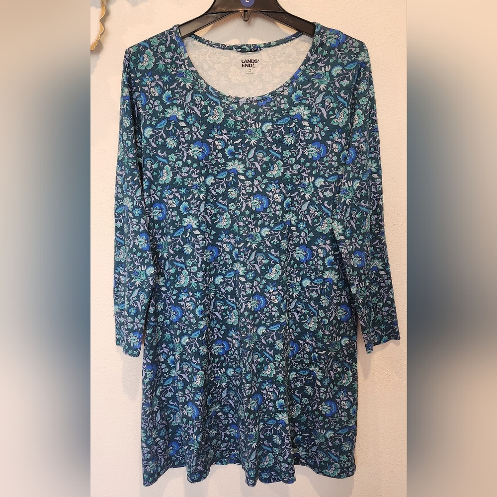 Lands' End Blue and Green Floral Long Sleeve Top